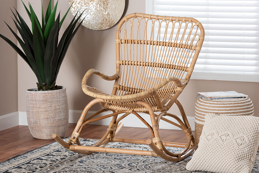 bali & pari Mahin Natural Rattan Rocking Chair - Handwoven Wicker Accent Rocker with Curved Armrests and High Back, Boho Coastal Lounge Chair for Living Room or Sunroom