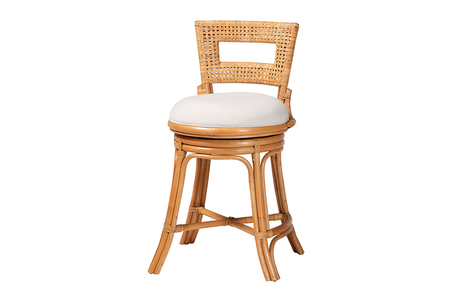 bali & pari Amina Natural Rattan Counter Stool - Handwoven Wicker Stool with Swivel Seat and Upholstered Cushion, Boho Coastal Seating with Footrest for Kitchen Island or Lounge