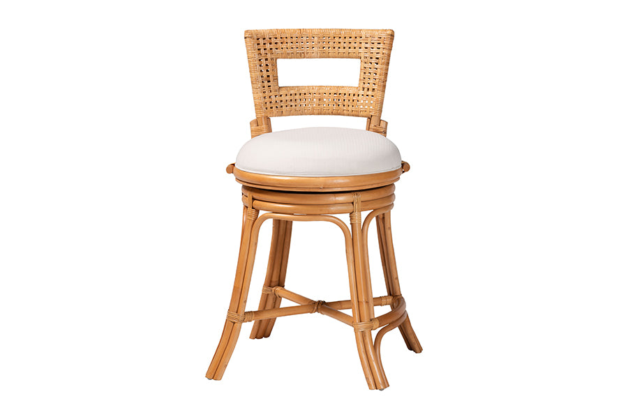 bali & pari Amina Natural Rattan Counter Stool - Handwoven Wicker Stool with Swivel Seat and Upholstered Cushion, Boho Coastal Seating with Footrest for Kitchen Island or Lounge