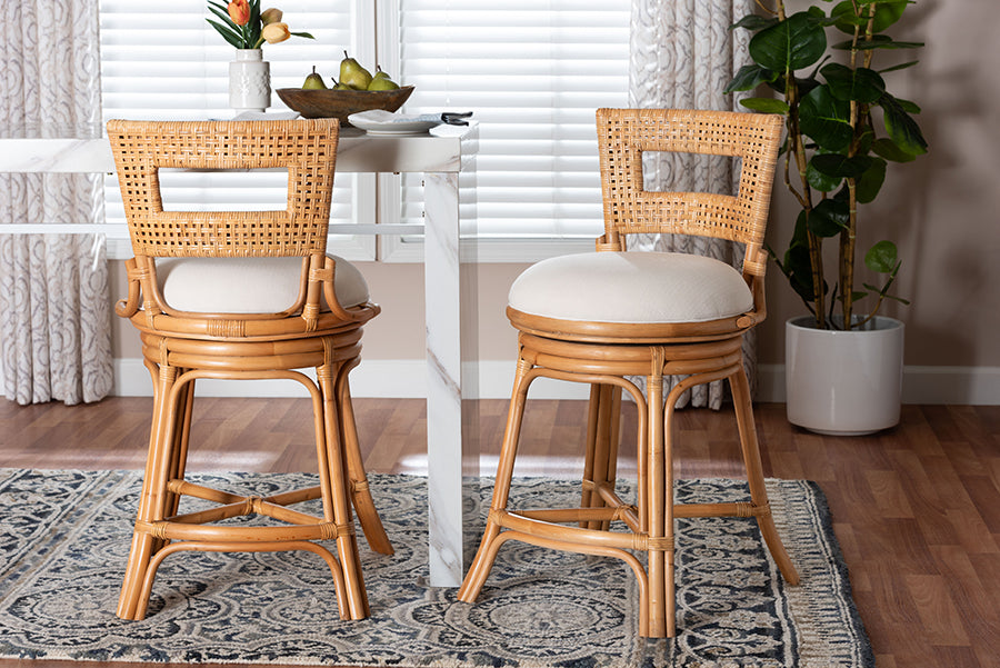 bali & pari Amina Natural Rattan Counter Stool - Handwoven Wicker Stool with Swivel Seat and Upholstered Cushion, Boho Coastal Seating with Footrest for Kitchen Island or Lounge