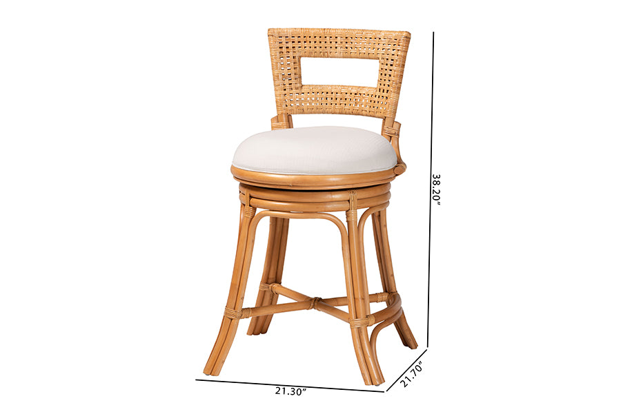 bali & pari Amina Natural Rattan Counter Stool - Handwoven Wicker Stool with Swivel Seat and Upholstered Cushion, Boho Coastal Seating with Footrest for Kitchen Island or Lounge