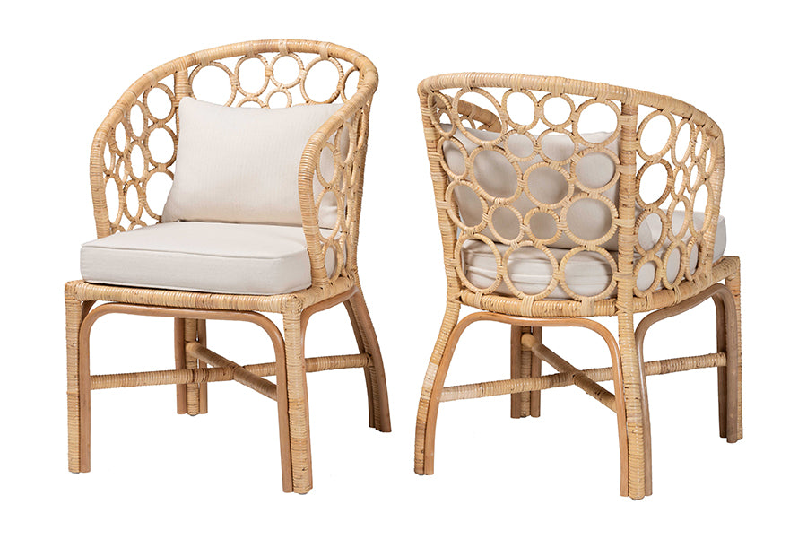bali & pari Prisca Natural Rattan 2-Piece Dining Chair Set with Bubble Frame - Handwoven Wicker Accent Chair with Round Back and Removable Cushions for Kitchen or Dining Room