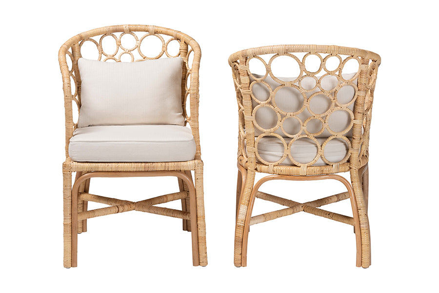 bali & pari Prisca Natural Rattan 2-Piece Dining Chair Set with Bubble Frame - Handwoven Wicker Accent Chair with Round Back and Removable Cushions for Kitchen or Dining Room