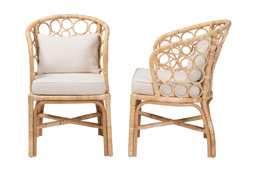bali & pari Prisca Natural Rattan 2-Piece Dining Chair Set with Bubble Frame - Handwoven Wicker Accent Chair with Round Back and Removable Cushions for Kitchen or Dining Room