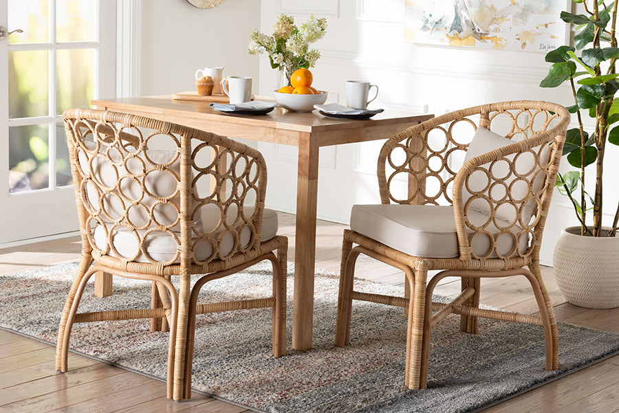 bali & pari Prisca Natural Rattan 2-Piece Dining Chair Set with Bubble Frame - Handwoven Wicker Accent Chair with Round Back and Removable Cushions for Kitchen or Dining Room