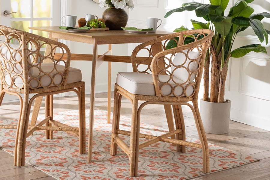 bali & pari Prisca Natural Rattan Counter Stool with Bubble Frame - Handwoven Wicker Accent Stool with Round Back and Removable Cushions for Kitchen Island or Lounge