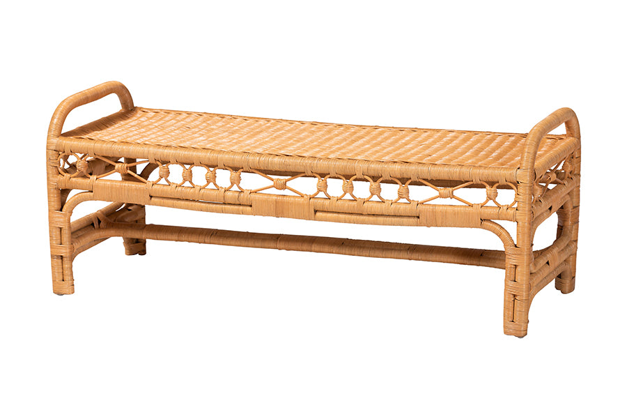 bali & pari Ayala Natural Rattan Accent Bench - Handwoven Wicker Accent Seating with Decorative Apron and Integrated Handles for Living Room, Bedroom, Or Entryway