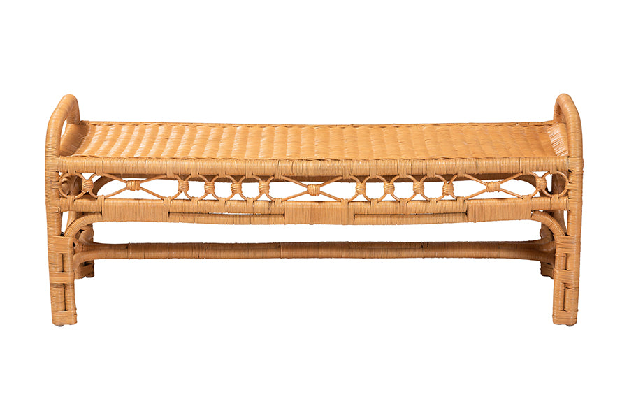 bali & pari Ayala Natural Rattan Accent Bench - Handwoven Wicker Accent Seating with Decorative Apron and Integrated Handles for Living Room, Bedroom, Or Entryway