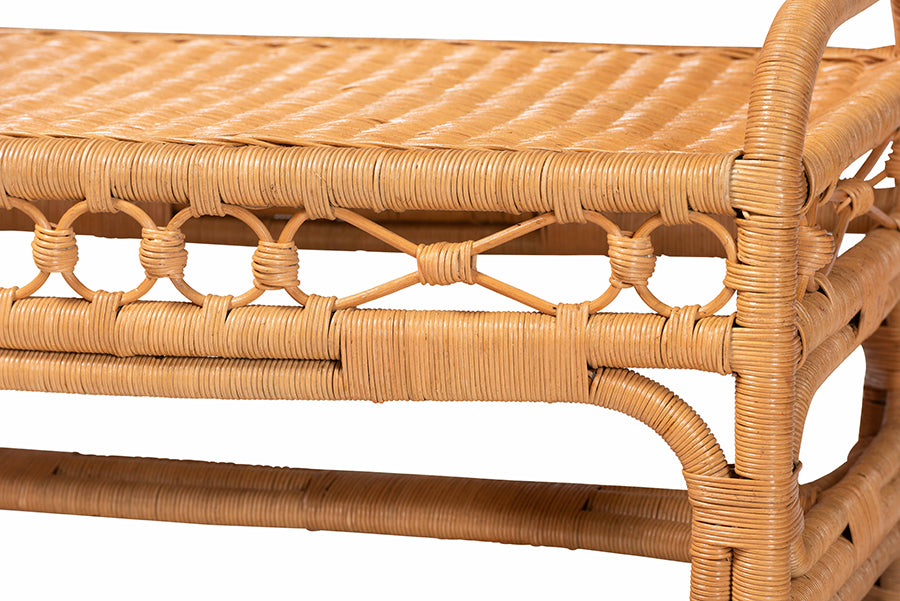 bali & pari Ayala Natural Rattan Accent Bench - Handwoven Wicker Accent Seating with Decorative Apron and Integrated Handles for Living Room, Bedroom, Or Entryway