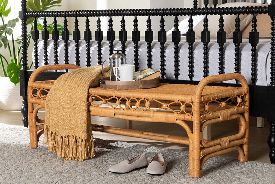 bali & pari Ayala Natural Rattan Accent Bench - Handwoven Wicker Accent Seating with Decorative Apron and Integrated Handles for Living Room, Bedroom, Or Entryway