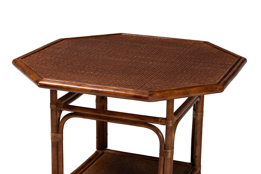 bali & pari Jayanti Marbled Tortoise Natural Rattan Dining Table - Handwoven Wicker Bistro Table with Open Shelf