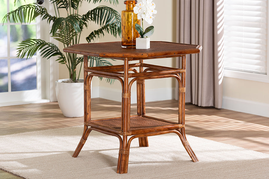 bali & pari Jayanti Marbled Tortoise Natural Rattan Dining Table - Handwoven Wicker Bistro Table with Open Shelf