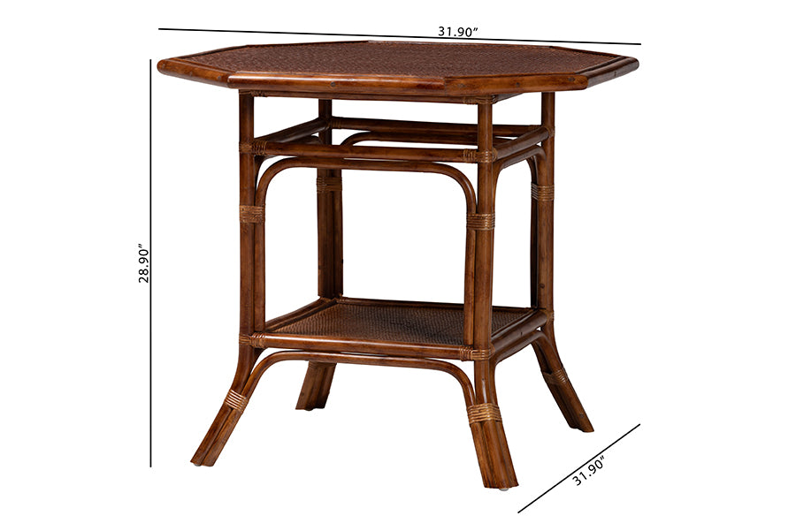 bali & pari Jayanti Marbled Tortoise Natural Rattan Dining Table - Handwoven Wicker Bistro Table with Open Shelf