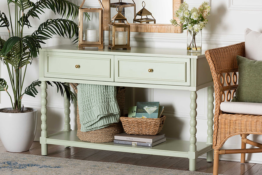 bali & pari Karnia Console Table with Spindle Legs - 2-Drawer Accent Table with Turned Detailing and Open Shelf Storage for Living Room, Hallway, or Bedroom