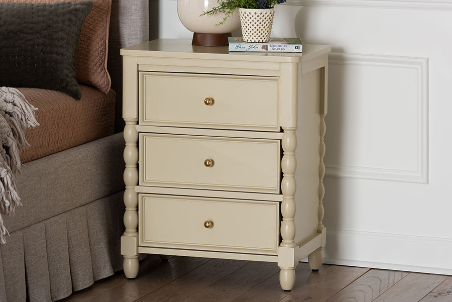 bali & pari Kyla Nightstand with Spindle Legs - 3-Drawer Bedside Table with Turned Detailing and Inset Paneling