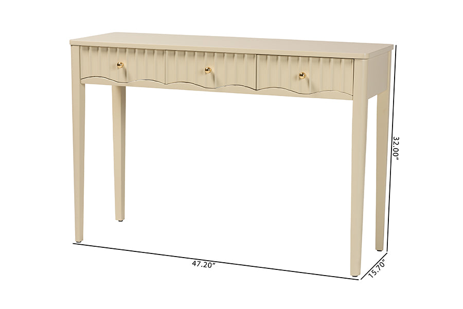 bali & pari Leeba Console Table - 3-Drawer Accent Table with Fluted Wood and Scalloped Framing for Living Room, Hallway, or Entryway