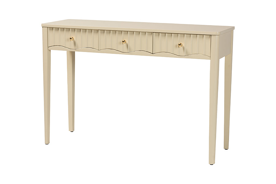 bali & pari Leeba Console Table - 3-Drawer Accent Table with Fluted Wood and Scalloped Framing for Living Room, Hallway, or Entryway