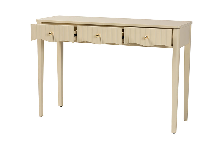 bali & pari Leeba Console Table - 3-Drawer Accent Table with Fluted Wood and Scalloped Framing for Living Room, Hallway, or Entryway