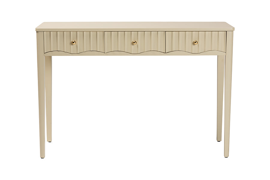 bali & pari Leeba Console Table - 3-Drawer Accent Table with Fluted Wood and Scalloped Framing for Living Room, Hallway, or Entryway