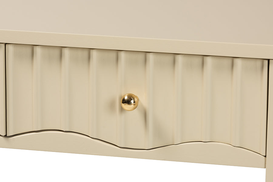 bali & pari Leeba Console Table - 3-Drawer Accent Table with Fluted Wood and Scalloped Framing for Living Room, Hallway, or Entryway