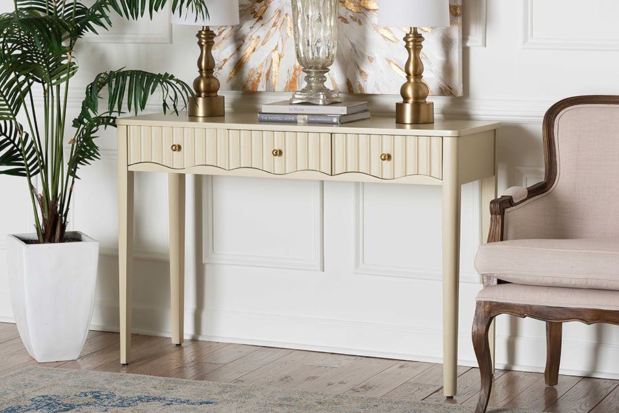 bali & pari Leeba Console Table - 3-Drawer Accent Table with Fluted Wood and Scalloped Framing for Living Room, Hallway, or Entryway