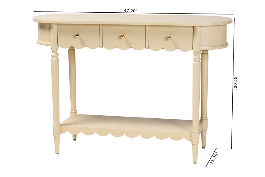 bali & pari Liba Console Table - 3-Drawer Accent Table with Scalloped Detailing and Open Shelf Storage for Hallway, Entryway, or Living Room