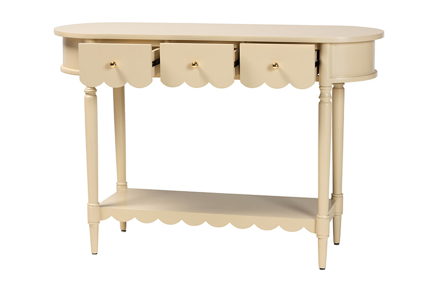 bali & pari Liba Console Table - 3-Drawer Accent Table with Scalloped Detailing and Open Shelf Storage for Hallway, Entryway, or Living Room