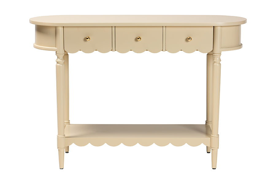 bali & pari Liba Console Table - 3-Drawer Accent Table with Scalloped Detailing and Open Shelf Storage for Hallway, Entryway, or Living Room