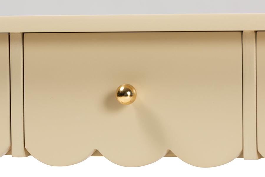 bali & pari Liba Console Table - 3-Drawer Accent Table with Scalloped Detailing and Open Shelf Storage for Hallway, Entryway, or Living Room