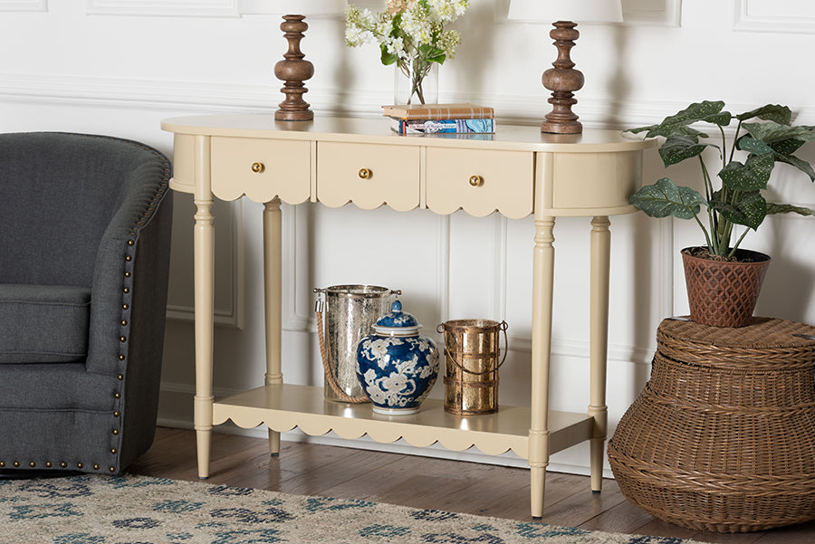 bali & pari Liba Console Table - 3-Drawer Accent Table with Scalloped Detailing and Open Shelf Storage for Hallway, Entryway, or Living Room