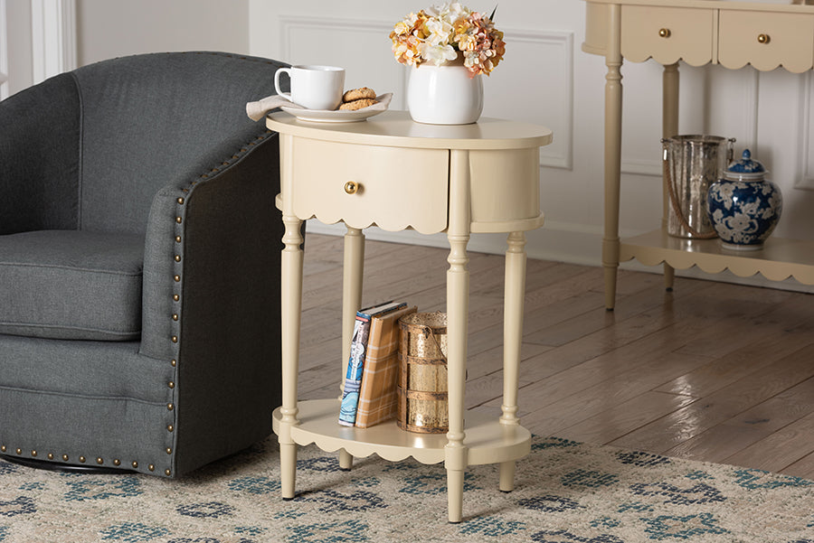 bali & pari Liba End Table - 1-Drawer Accent Table with Scalloped Detailing and Open Shelf Storage for Hallway, Entryway, and Living Room