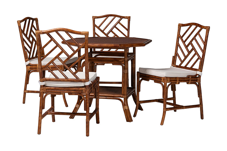 bali & pari Simon Marbled Tortoise Natural Rattan 5-Piece Dining Set - Handwoven Wicker Dining Table with Octagonal Top and 4 Matching Chairs Set