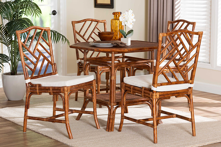 bali & pari Simon Marbled Tortoise Natural Rattan 5-Piece Dining Set - Handwoven Wicker Dining Table with Octagonal Top and 4 Matching Chairs Set