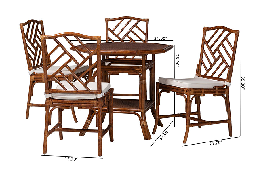 bali & pari Simon Marbled Tortoise Natural Rattan 5-Piece Dining Set - Handwoven Wicker Dining Table with Octagonal Top and 4 Matching Chairs Set