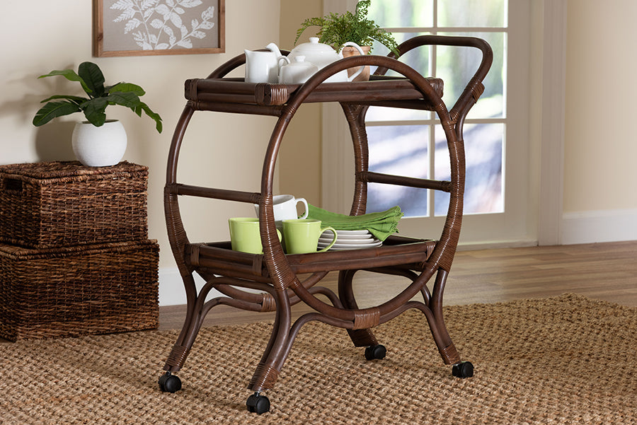 bali & pari Selah Natural Rattan Kitchen Cart - Handwoven Wicker 2-Tier Mobile Serving Cart with Tray Top