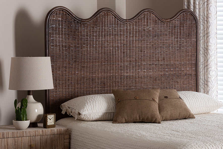 bali & pari Einya Natural Rattan Standalone Headboard - Handwoven Wicker Panel Headboard with Wavy Scalloped Top, Queen