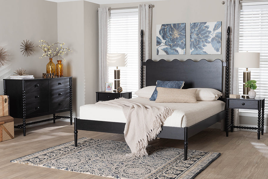 Baxton Studio Brantley Spindle 4-Piece Bedroom Set - Farmhouse Bed Frame with Matching Dresser and 1-Drawer Nightstands, Black, King