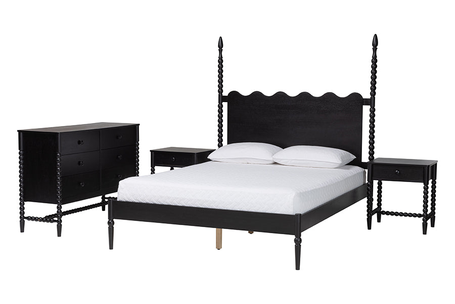 Baxton Studio Brantley Spindle 4-Piece Bedroom Set - Farmhouse Bed Frame with Matching Dresser and 1-Drawer Nightstands, Black, Queen