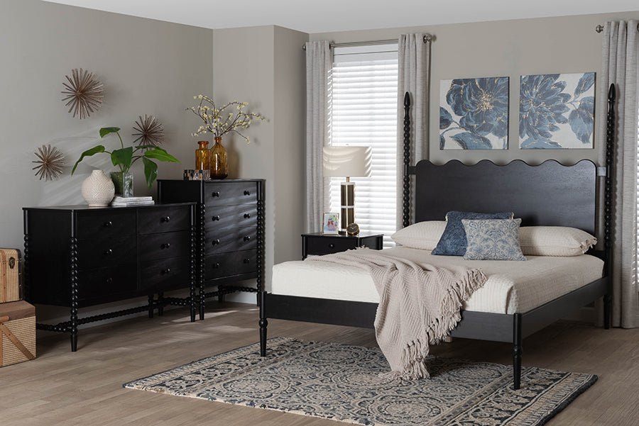 Baxton Studio Brantley Spindle 4-Piece Bedroom Set - Farmhouse Bed Frame with Matching Dresser, Chest, and 1-Drawer Nightstand, Black, Queen