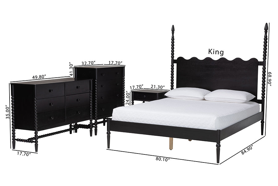 Baxton Studio Brantley Spindle 4-Piece Bedroom Set - Farmhouse Bed Frame with Matching Dresser, Chest, and 1-Drawer Nightstand, Black, Queen