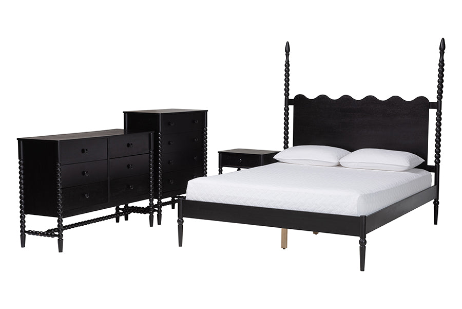 Baxton Studio Brantley Spindle 4-Piece Bedroom Set - Farmhouse Bed Frame with Matching Dresser, Chest, and 1-Drawer Nightstand, Black, King