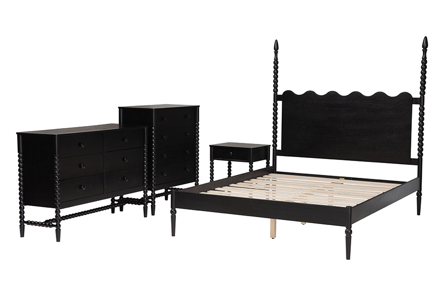 Baxton Studio Brantley Spindle 4-Piece Bedroom Set - Farmhouse Bed Frame with Matching Dresser, Chest, and 1-Drawer Nightstand, Black, King
