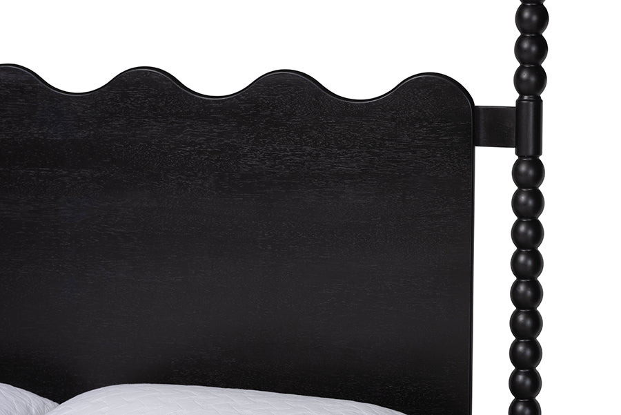 Baxton Studio Brantley Spindle 4-Piece Bedroom Set - Farmhouse Bed Frame with Matching Dresser, Chest, and 1-Drawer Nightstand, Black, Queen