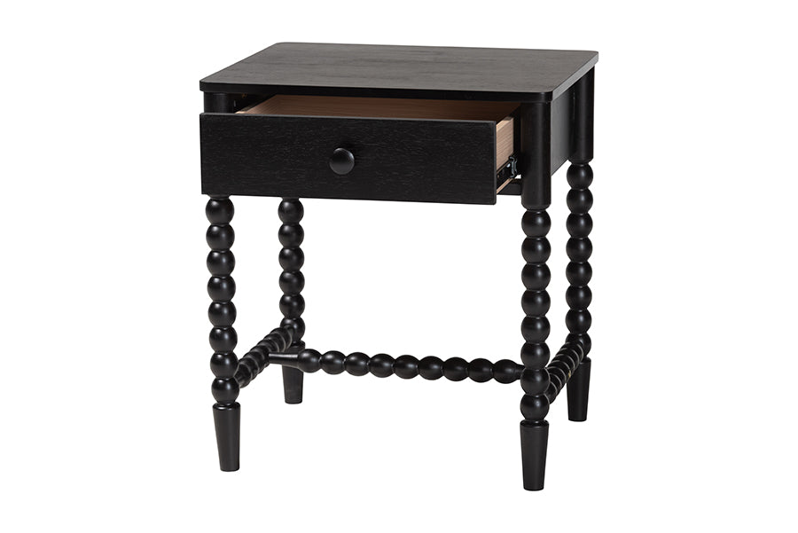 Baxton Studio Brantley Spindle Nightstand - 1-Drawer Bedside Table with Beaded Frame and Open Base for Bedroom, Black