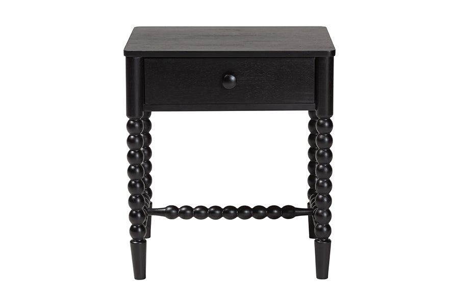 Baxton Studio Brantley Spindle Nightstand - 1-Drawer Bedside Table with Beaded Frame and Open Base for Bedroom, Black