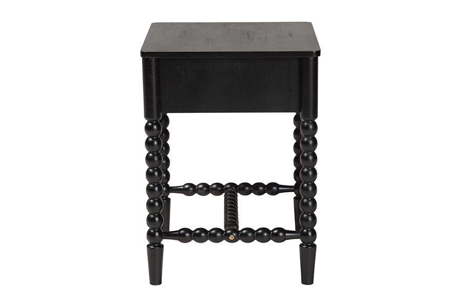 Baxton Studio Brantley Spindle Nightstand - 1-Drawer Bedside Table with Beaded Frame and Open Base for Bedroom, Black
