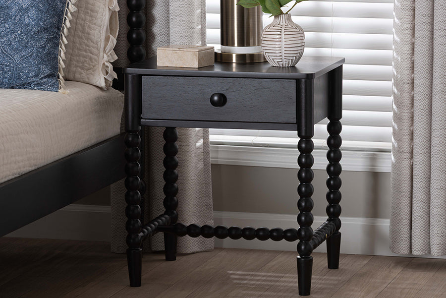 Baxton Studio Brantley Spindle Nightstand - 1-Drawer Bedside Table with Beaded Frame and Open Base for Bedroom, Black