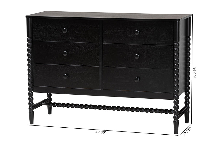 Baxton Studio Brantley Spindle Dresser - 6-Drawer Horizontal Storage Cabinet with Beaded Frame and Elevated Base for Bedroom, Black