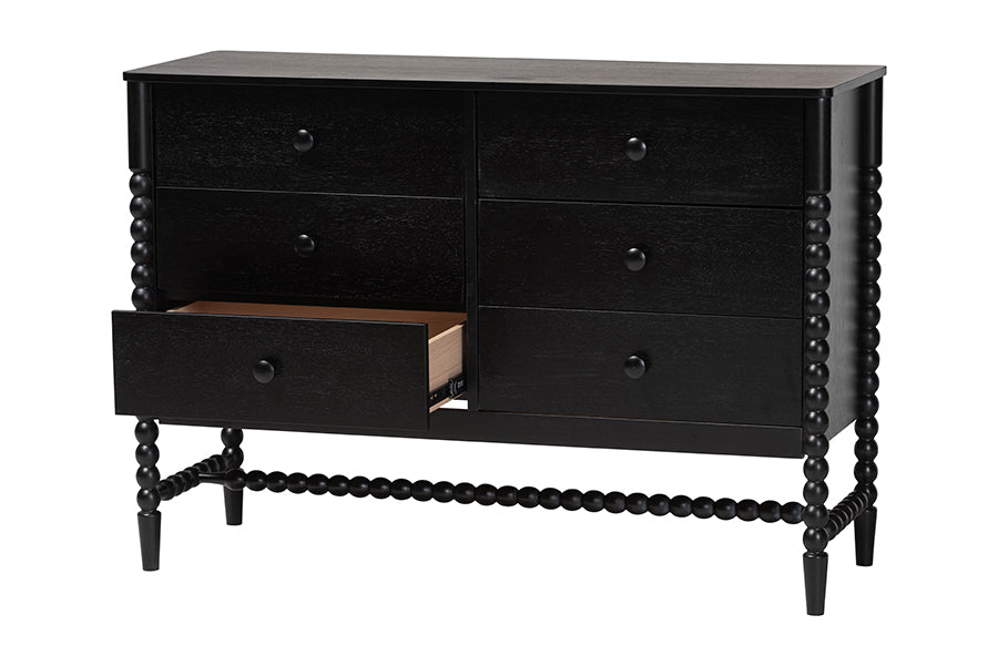 Baxton Studio Brantley Spindle Dresser - 6-Drawer Horizontal Storage Cabinet with Beaded Frame and Elevated Base for Bedroom, Black