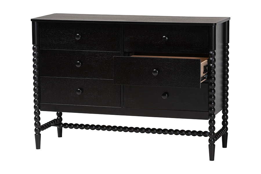 Baxton Studio Brantley Spindle Dresser - 6-Drawer Horizontal Storage Cabinet with Beaded Frame and Elevated Base for Bedroom, Black